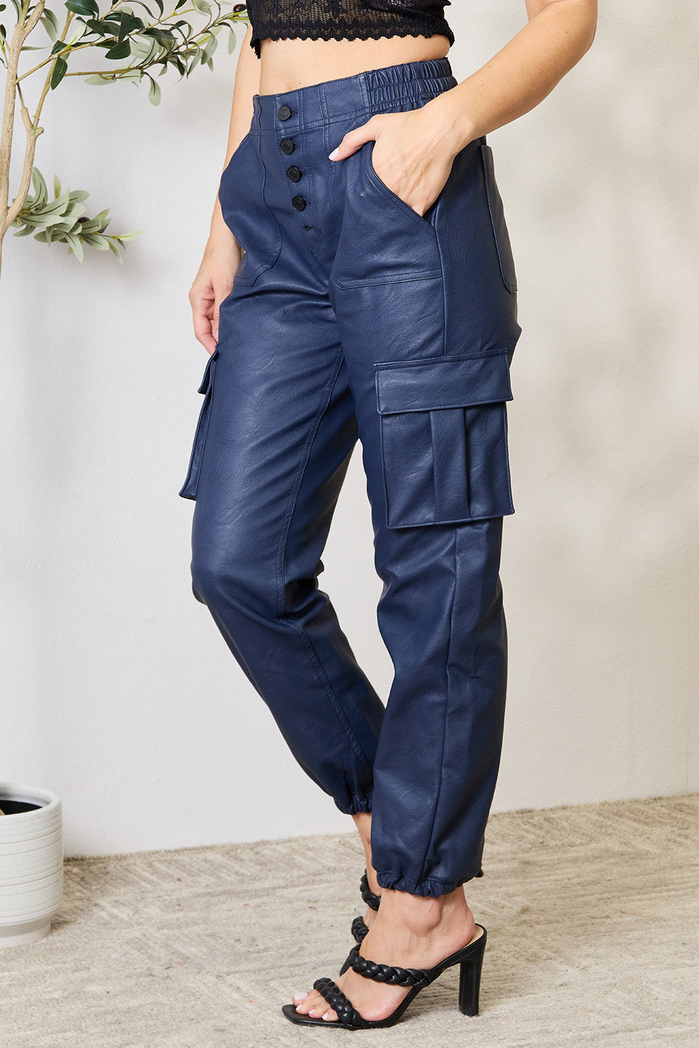 Kancan High Waist Faux Leather Cargo Joggers - UrbanEthereal