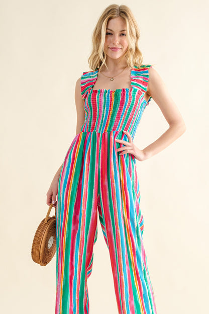 And The Why Full Size Striped Smocked Sleeveless Jumpsuit - UrbanEthereal