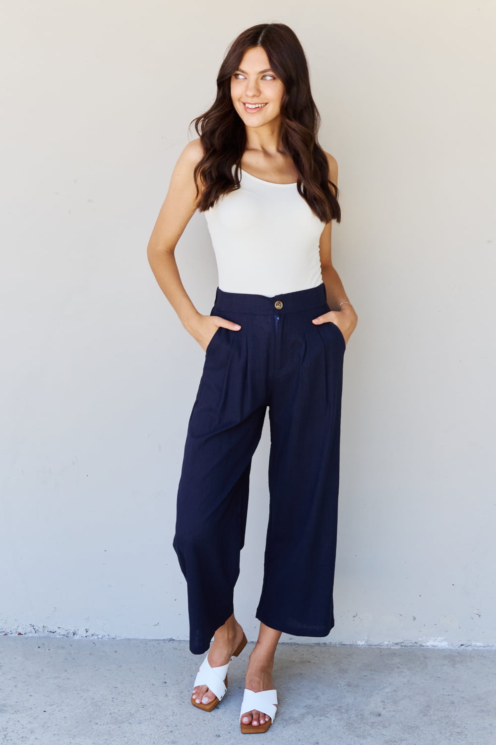 And The Why In The Mix Full Size Pleated Detail Linen Pants in Dark Navy - UrbanEthereal