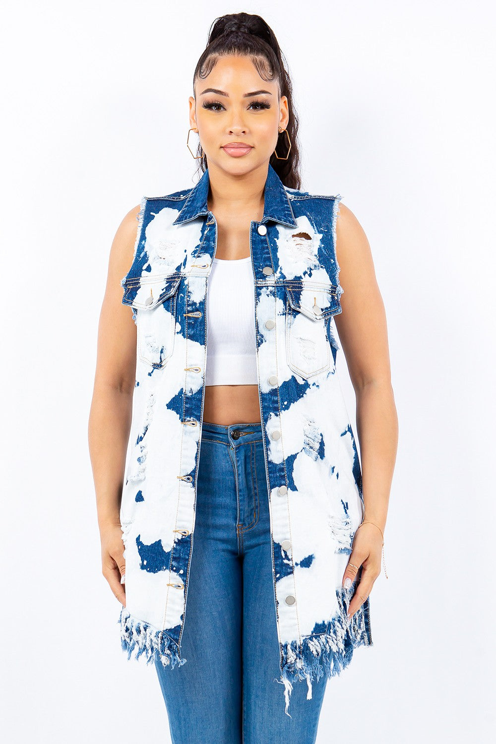 American Bazi Distressed Frayed Edge Longline Denim Vest - UrbanEthereal