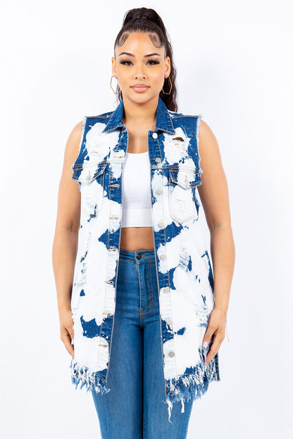 American Bazi Distressed Frayed Edge Longline Denim Vest - UrbanEthereal