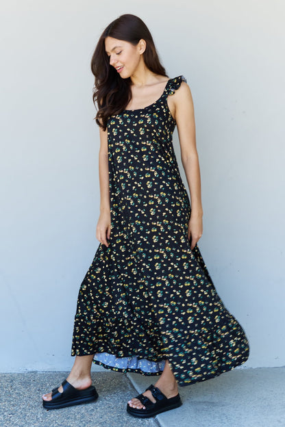 Doublju In The Garden Ruffle Floral Maxi Dress in Black Yellow Floral - UrbanEthereal