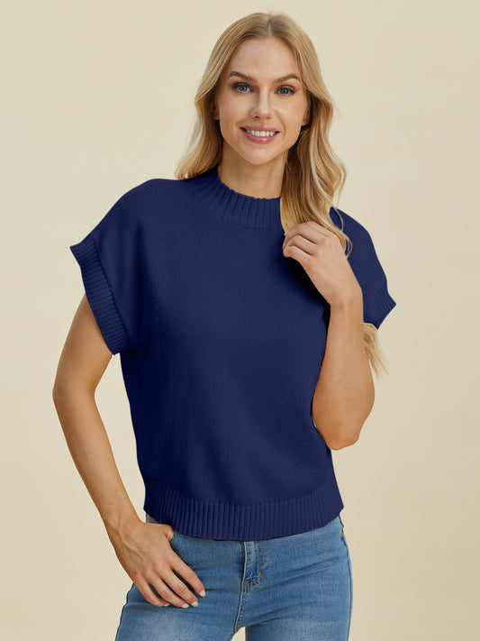 Double Take Full Size Mock Neck Short Sleeve Sweater - UrbanEthereal