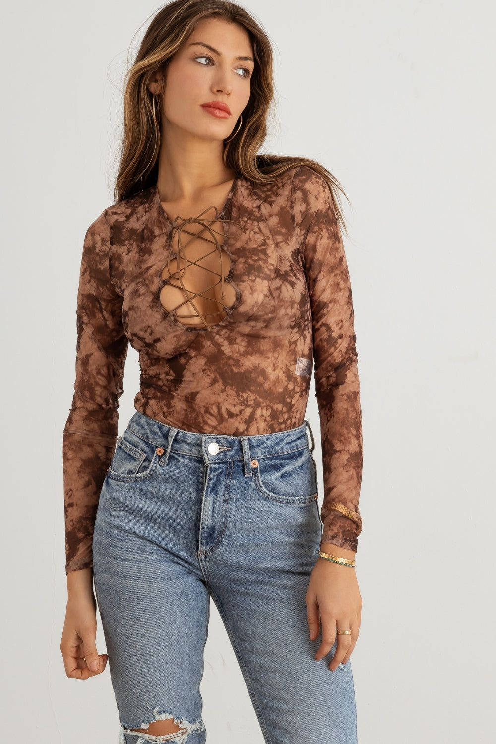 HERA COLLECTION Abstract Mesh Lace-Up Long Sleeve Bodysuit - UrbanEthereal