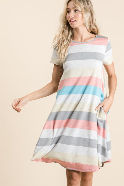 BOMBOM Striped Short Sleeve Dress with Pockets - UrbanEthereal