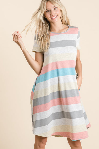 BOMBOM Striped Short Sleeve Dress with Pockets - UrbanEthereal