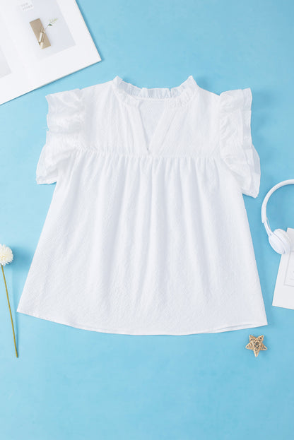 Plus Size Ruffled Notched Cap Sleeve Blouse - UrbanEthereal