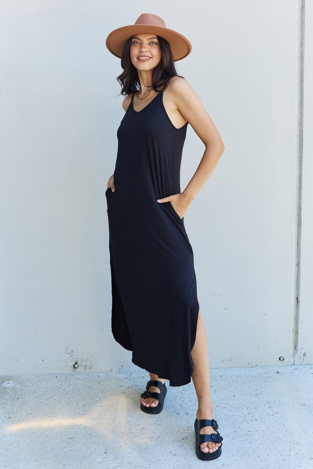 Ninexis Good Energy Full Size Cami Side Slit Maxi Dress in Black - UrbanEthereal