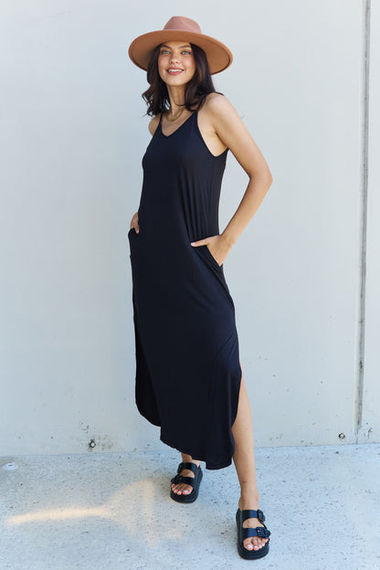 Ninexis Good Energy Full Size Cami Side Slit Maxi Dress in Black - UrbanEthereal