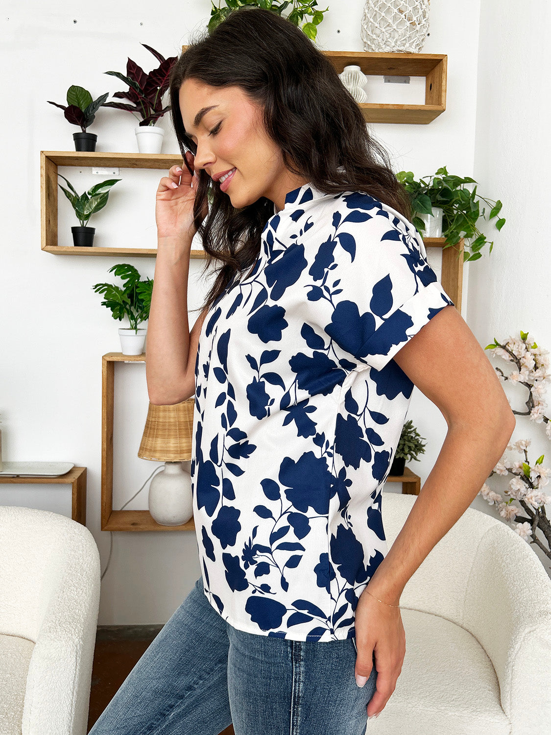 Flower Notched Short Sleeve Blouse - UrbanEthereal