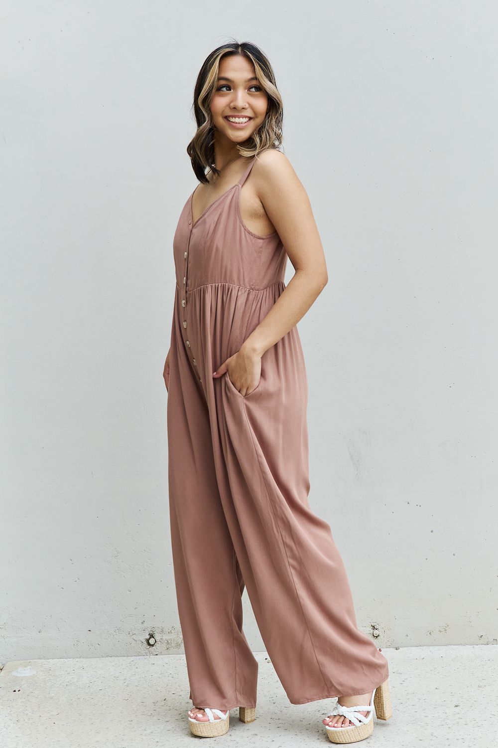 HEYSON All Day Full Size Wide Leg Button Down Jumpsuit in Mocha - UrbanEthereal