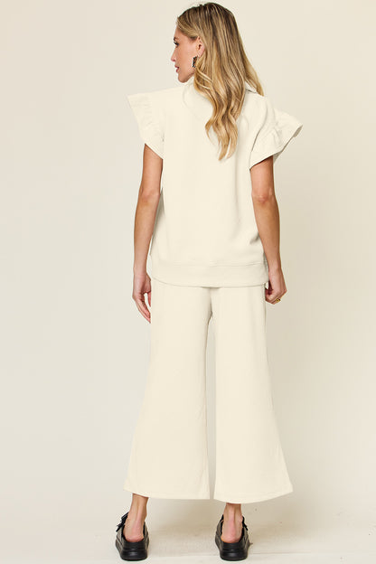 Double Take Texture Ruffle Short Sleeve Top and Drawstring Wide Leg Pants Set - UrbanEthereal