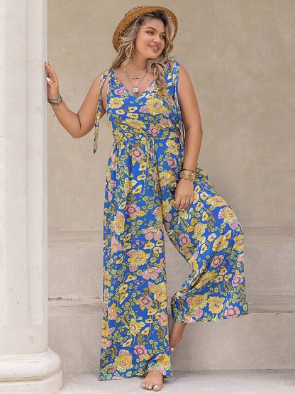 Plus Size Printed V-Neck Wide Leg Jumpsuit - UrbanEthereal