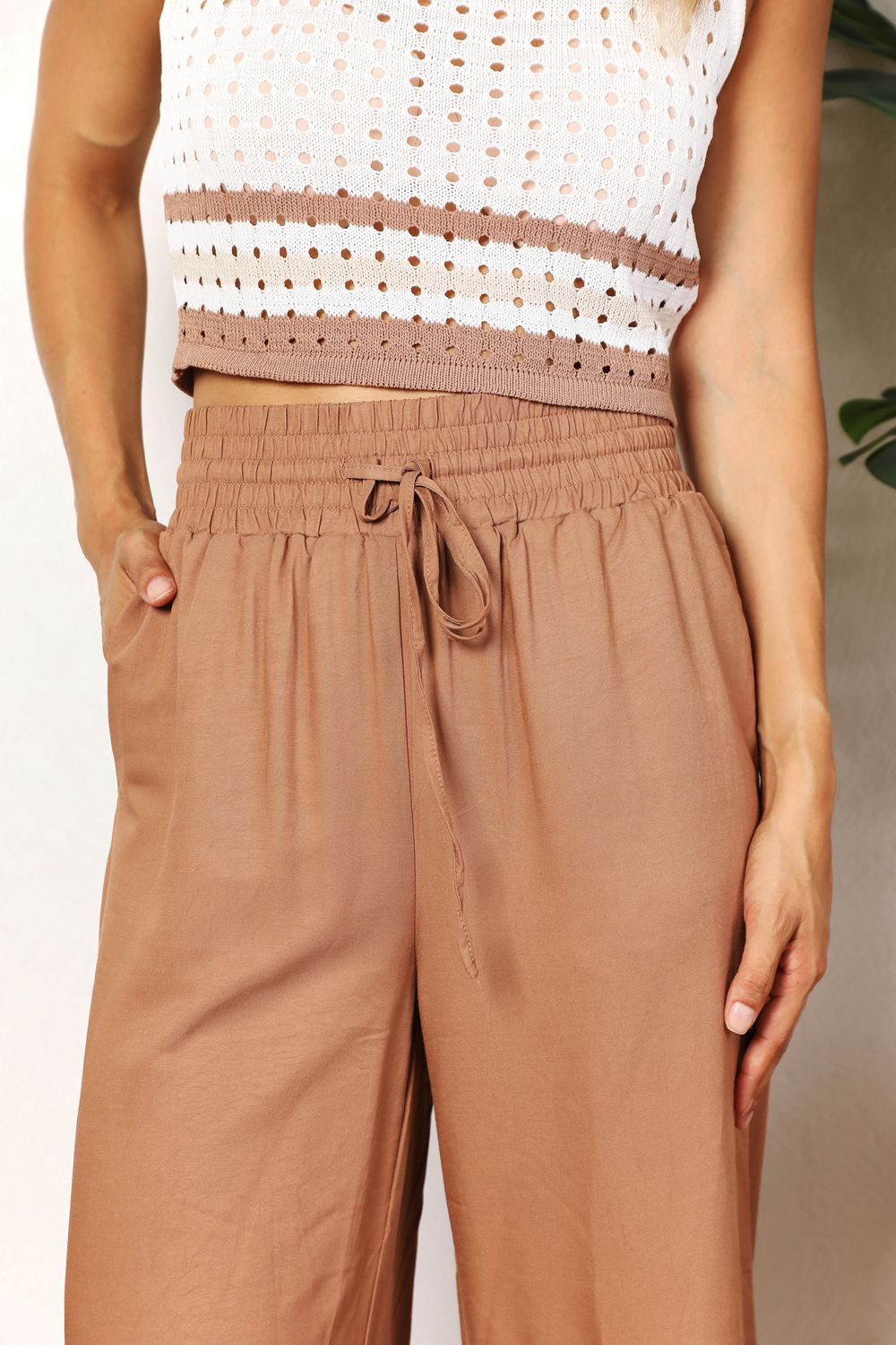 Double Take Drawstring Smocked Waist Wide Leg Pants - UrbanEthereal