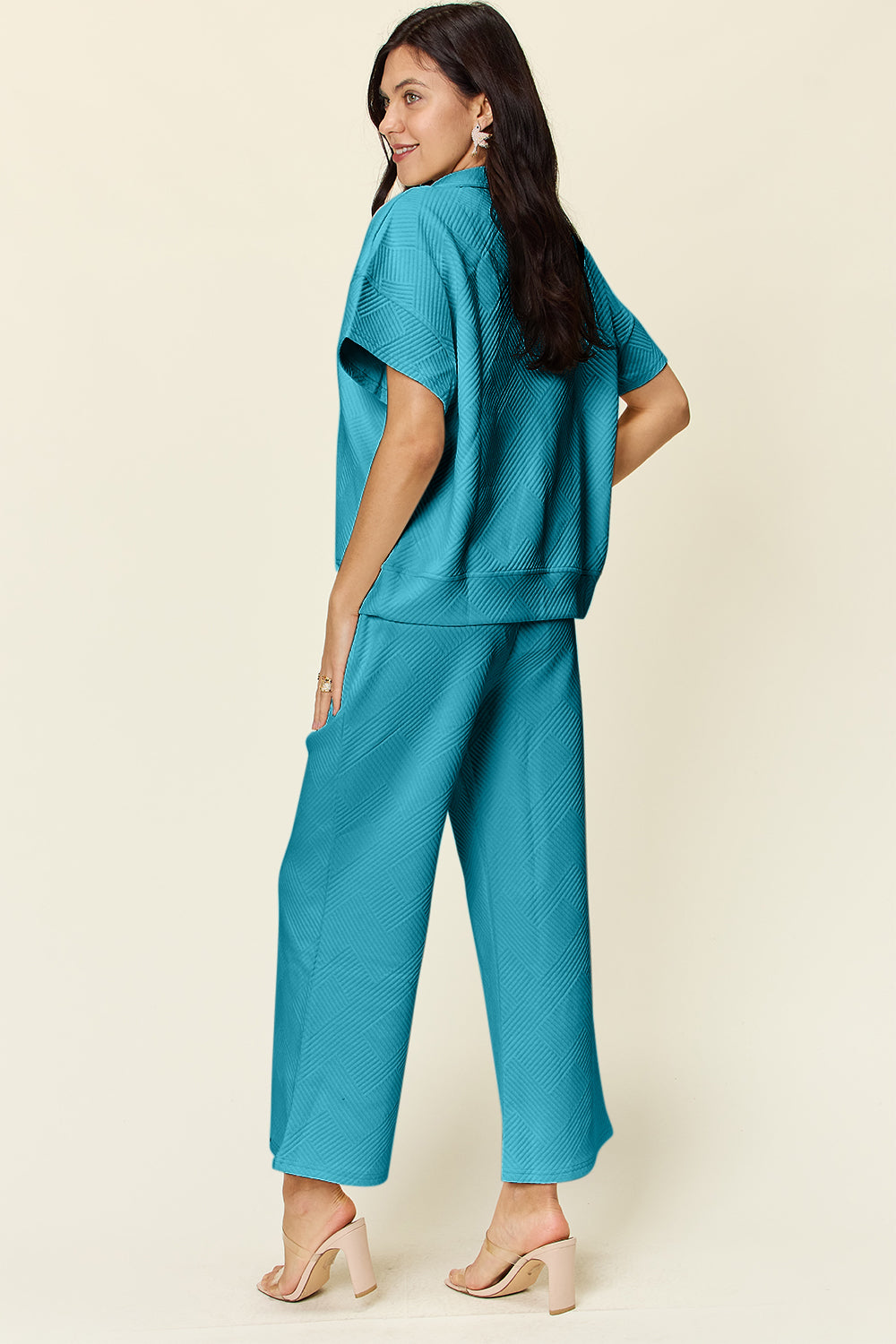 Double Take Full Size Texture Half Zip Short Sleeve Top and Pants Set - UrbanEthereal