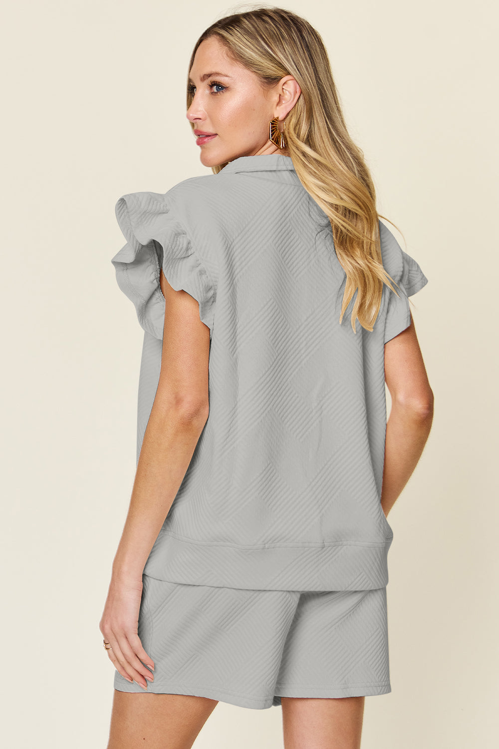 Double Take Full Size Texture Flounce Sleeve Top and Drawstring Shorts Set - UrbanEthereal