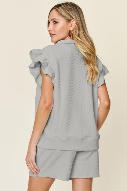 Double Take Full Size Texture Flounce Sleeve Top and Drawstring Shorts Set - UrbanEthereal