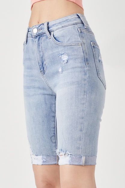 RISEN High Rise Distressed Denim Bermuda Shorts