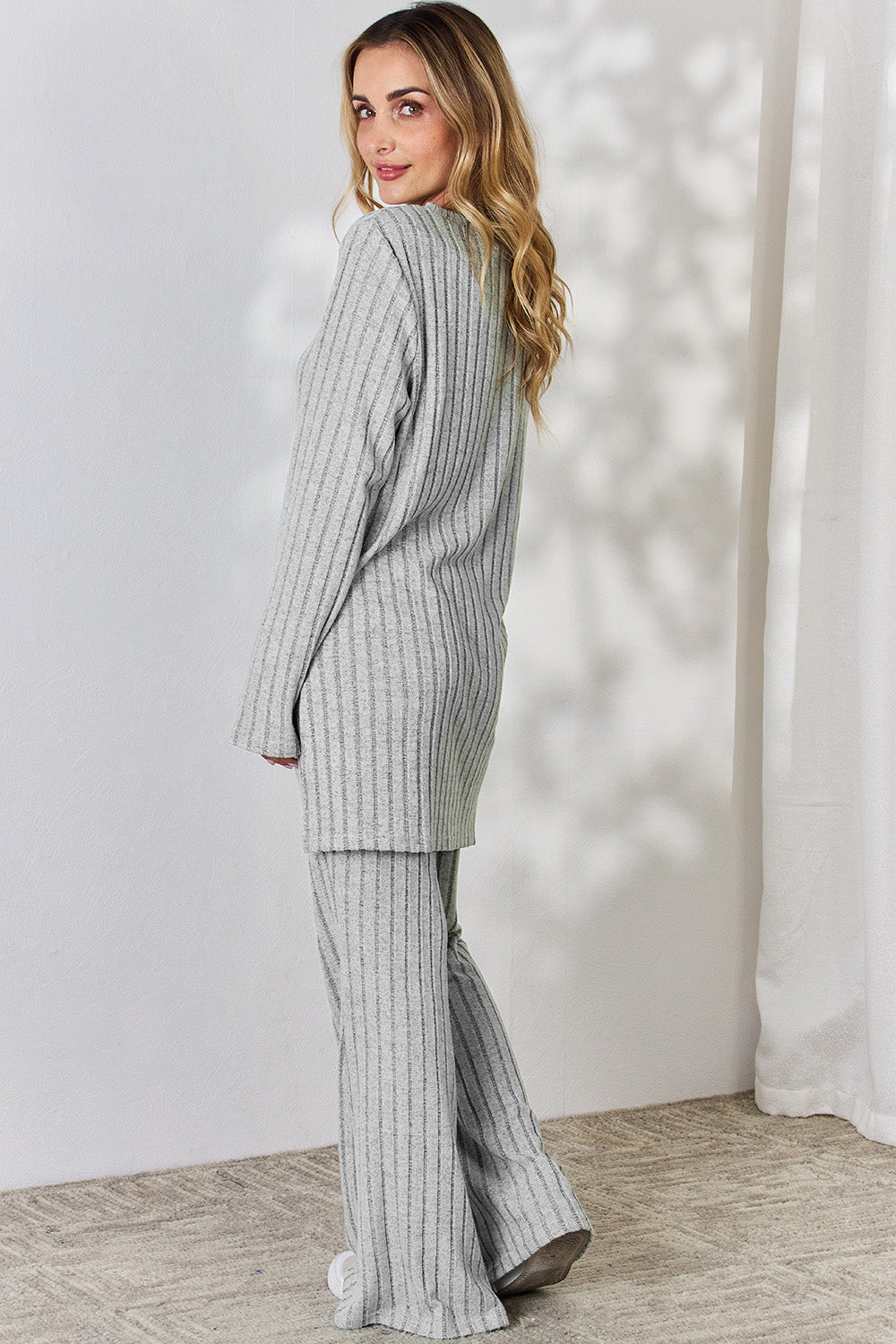 Basic Bae Full Size Ribbed High-Low Top and Wide Leg Pants Set - UrbanEthereal