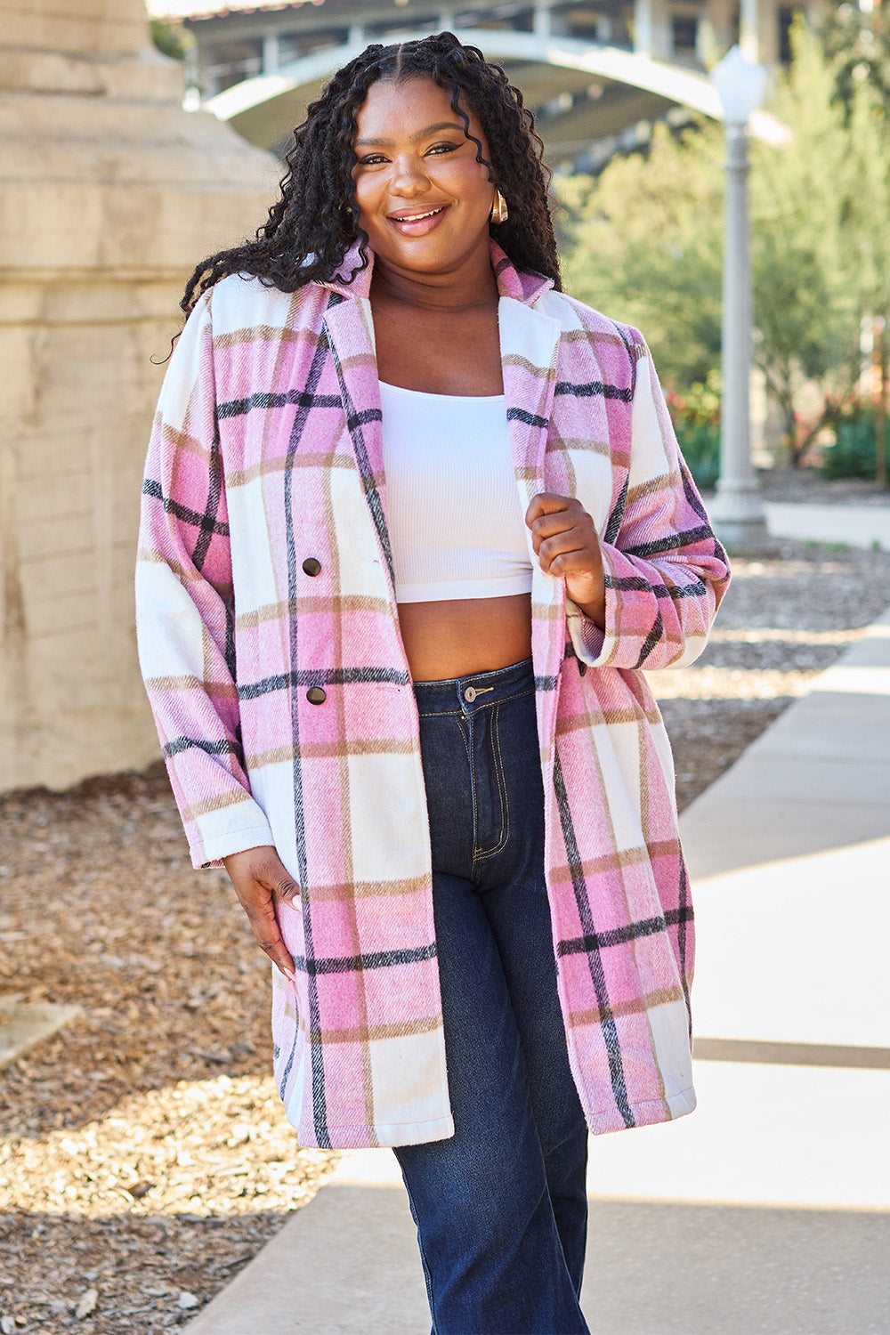 Double Take Full Size Plaid Button Up Lapel Collar Coat - UrbanEthereal