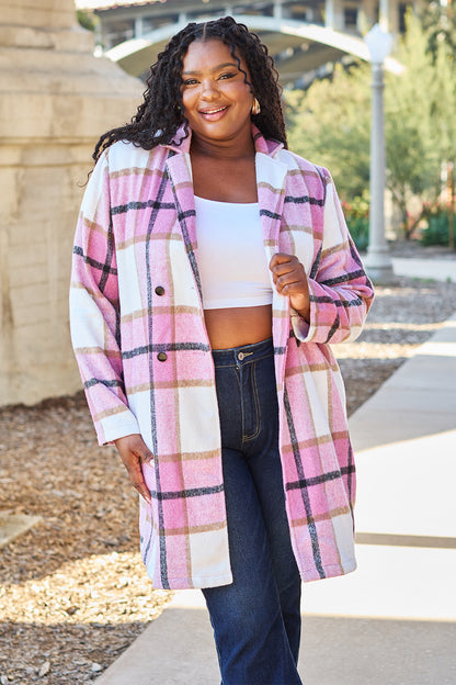 Double Take Full Size Plaid Button Up Lapel Collar Coat - UrbanEthereal