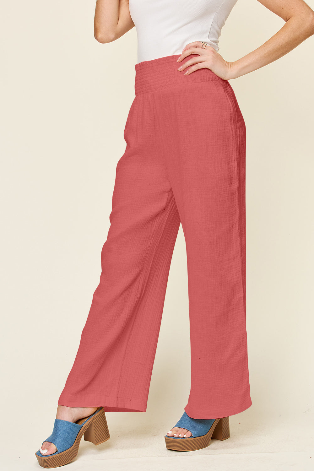 Double Take Full Size Texture Smocked Waist Wide Leg Pants - UrbanEthereal