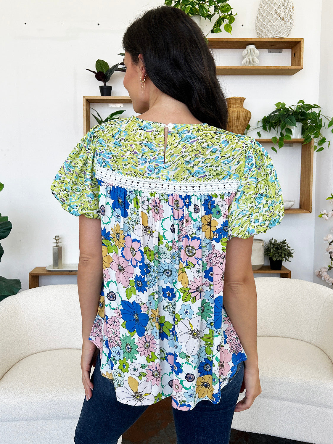 Printed Round Neck Puff Sleeve Blouse - UrbanEthereal