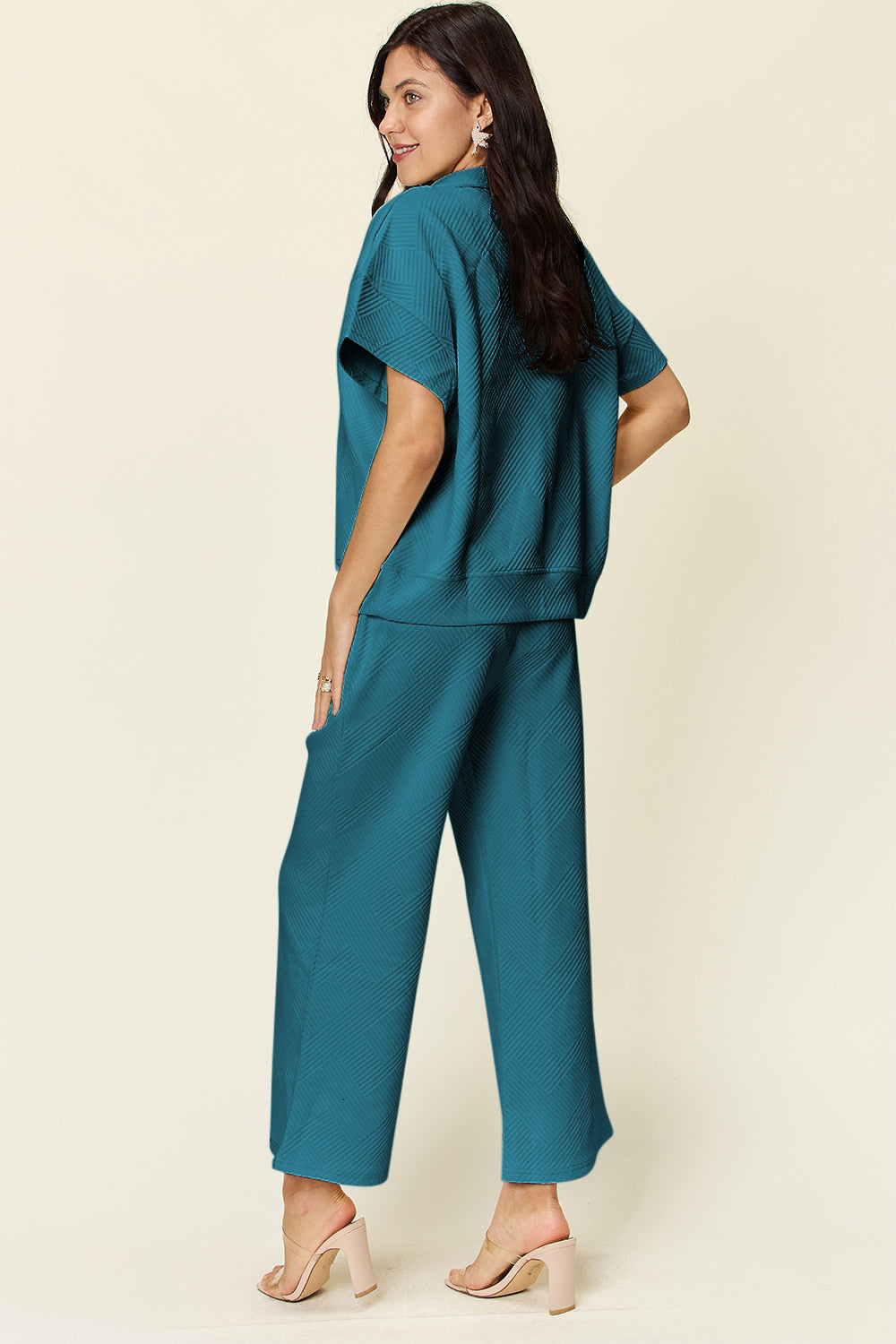 Double Take Full Size Texture Half Zip Short Sleeve Top and Pants Set - UrbanEthereal
