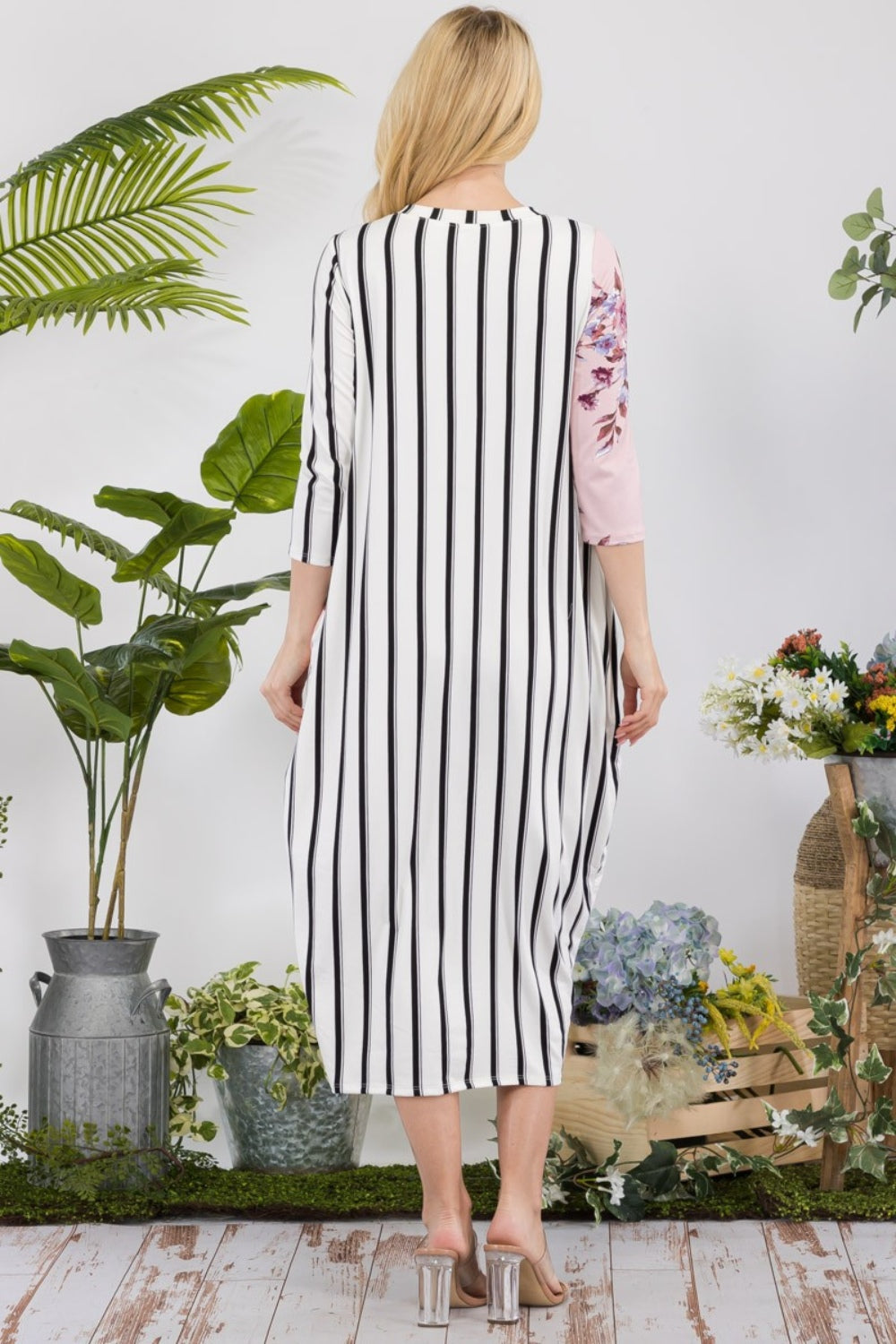 Celeste Full Size Floral Striped Contrast Midi-Dress with Pockets - UrbanEthereal