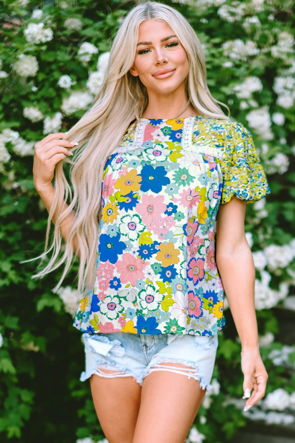 Printed Round Neck Puff Sleeve Blouse - UrbanEthereal