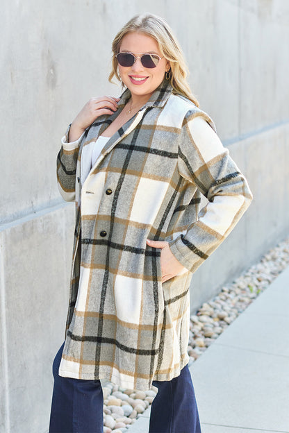 Double Take Full Size Plaid Button Up Lapel Collar Coat - UrbanEthereal