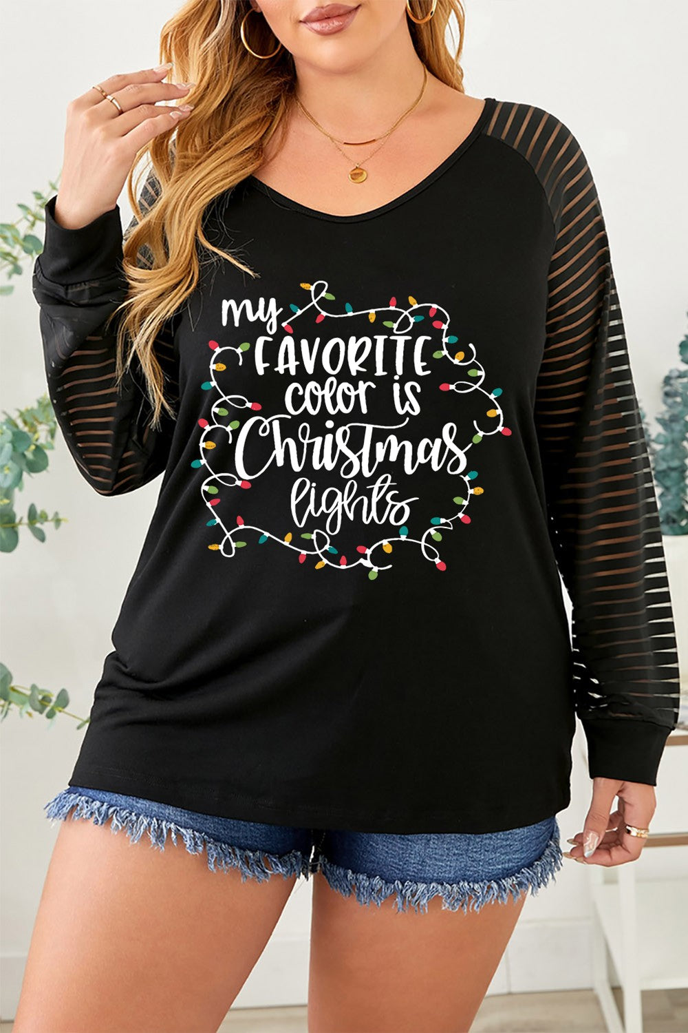 Plus Size MY FAVORITE COLOR IS CHRISTMAS LIGHTS Striped T-Shirt - UrbanEthereal