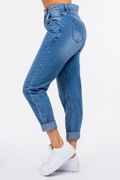 American Bazi High Waist Pleated Waist Mom Jeans - UrbanEthereal