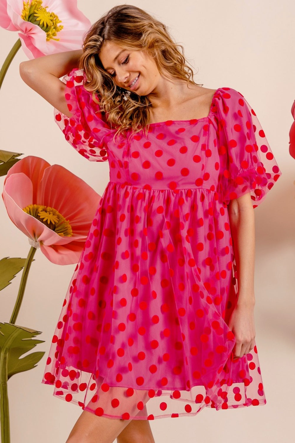 BiBi Polka Dot Mesh Puff Sleeve Dress - UrbanEthereal