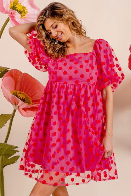 BiBi Polka Dot Mesh Puff Sleeve Dress - UrbanEthereal