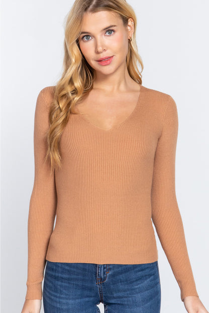 ACTIVE BASIC V-Neck Fitted Viscose Rib Knit Top - UrbanEthereal