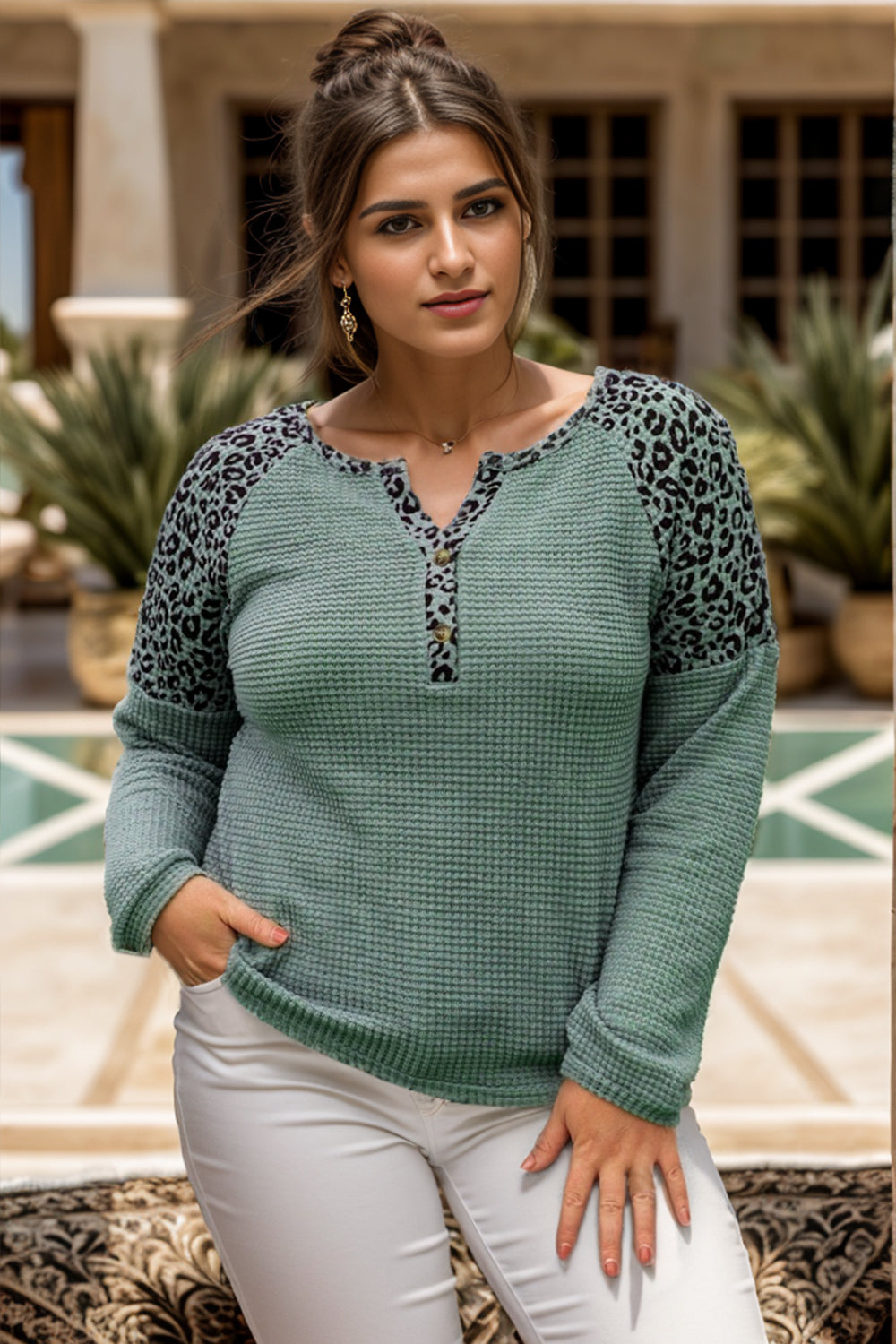 Plus Size Leopard Waffle-Knit Long Sleeve T-Shirt - UrbanEthereal