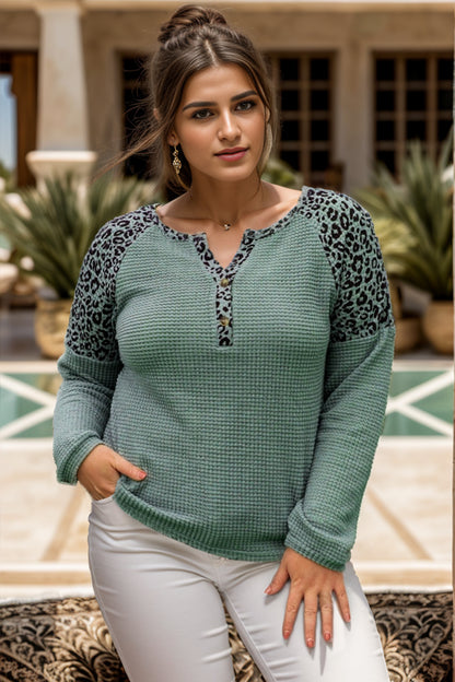 Plus Size Leopard Waffle-Knit Long Sleeve T-Shirt - UrbanEthereal