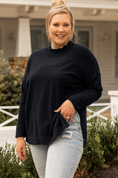 Plus Size Mock Neck Dropped Shoulder Sweater - UrbanEthereal