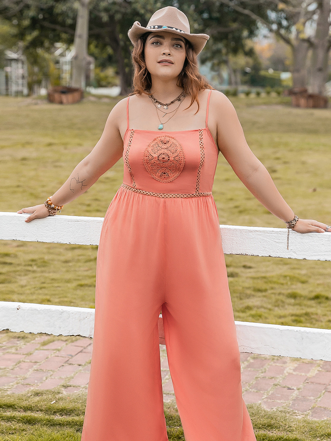 Plus Size Lace Detail Spaghetti Strap Wide Leg Jumpsuit - UrbanEthereal