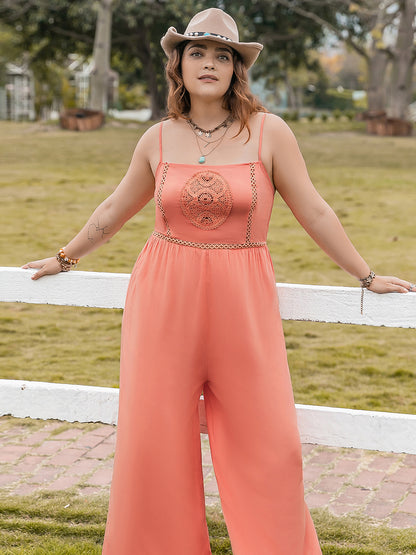 Plus Size Lace Detail Spaghetti Strap Wide Leg Jumpsuit - UrbanEthereal