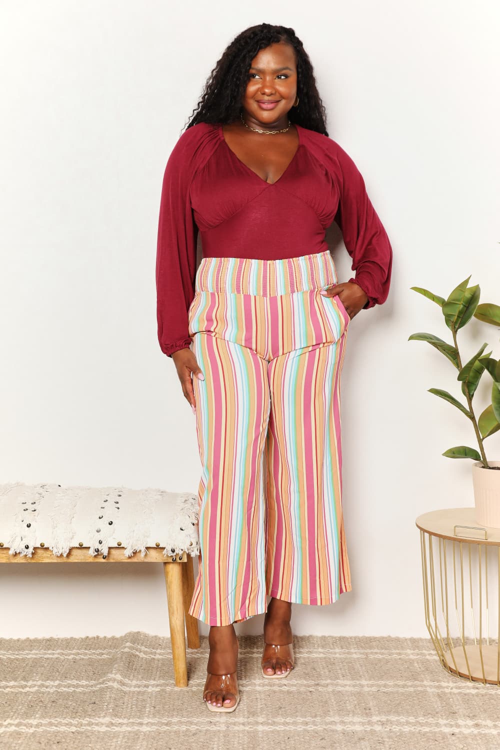 Double Take Striped Smocked Waist Pants with Pockets - UrbanEthereal