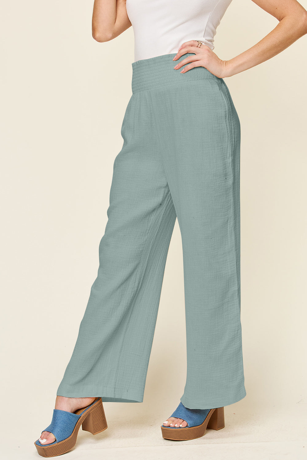 Double Take Full Size Texture Smocked Waist Wide Leg Pants - UrbanEthereal