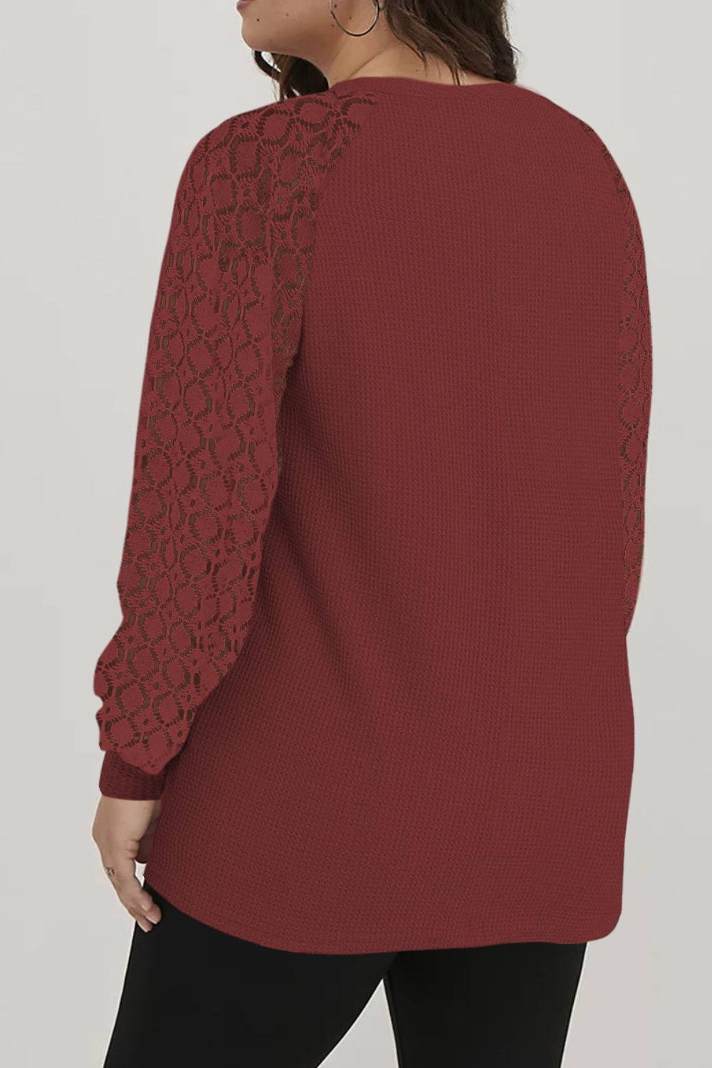 Plus Size Graphic Waffle-Knit Lace Long Sleeve Sweatshirt - UrbanEthereal