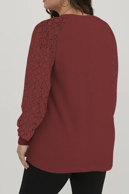 Plus Size Graphic Waffle-Knit Lace Long Sleeve Sweatshirt - UrbanEthereal