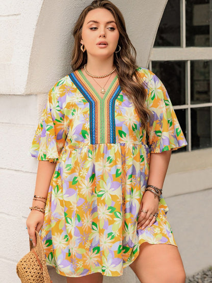 Plus Size Printed V-Neck Half Sleeve Mini Dress - UrbanEthereal