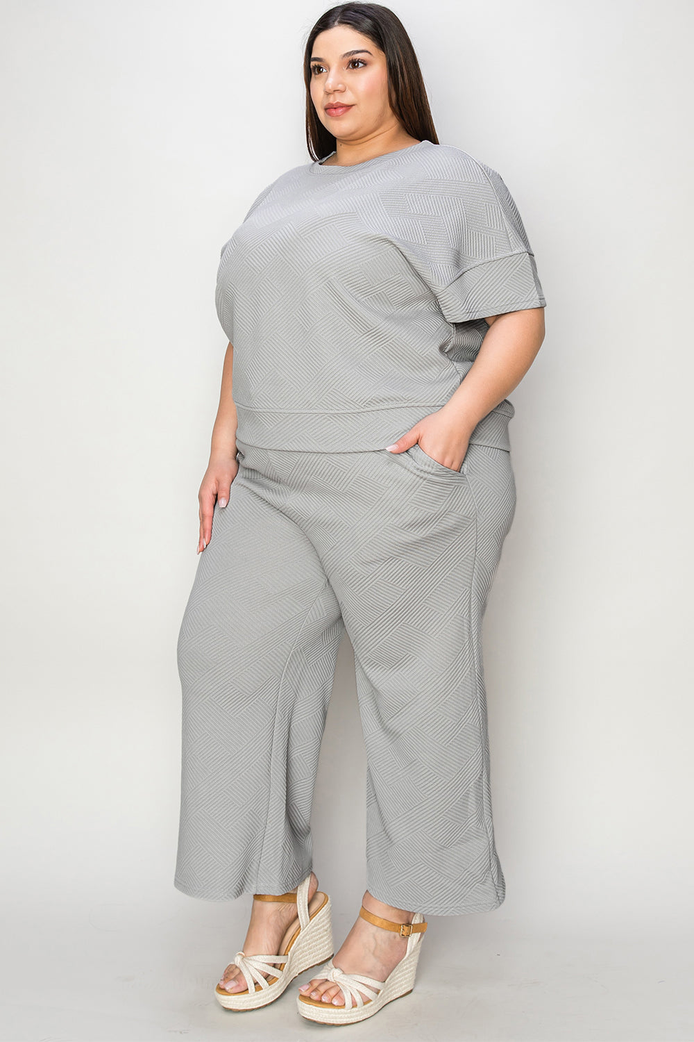 Double Take Full Size Texture Short Sleeve Top and Pants Set - UrbanEthereal
