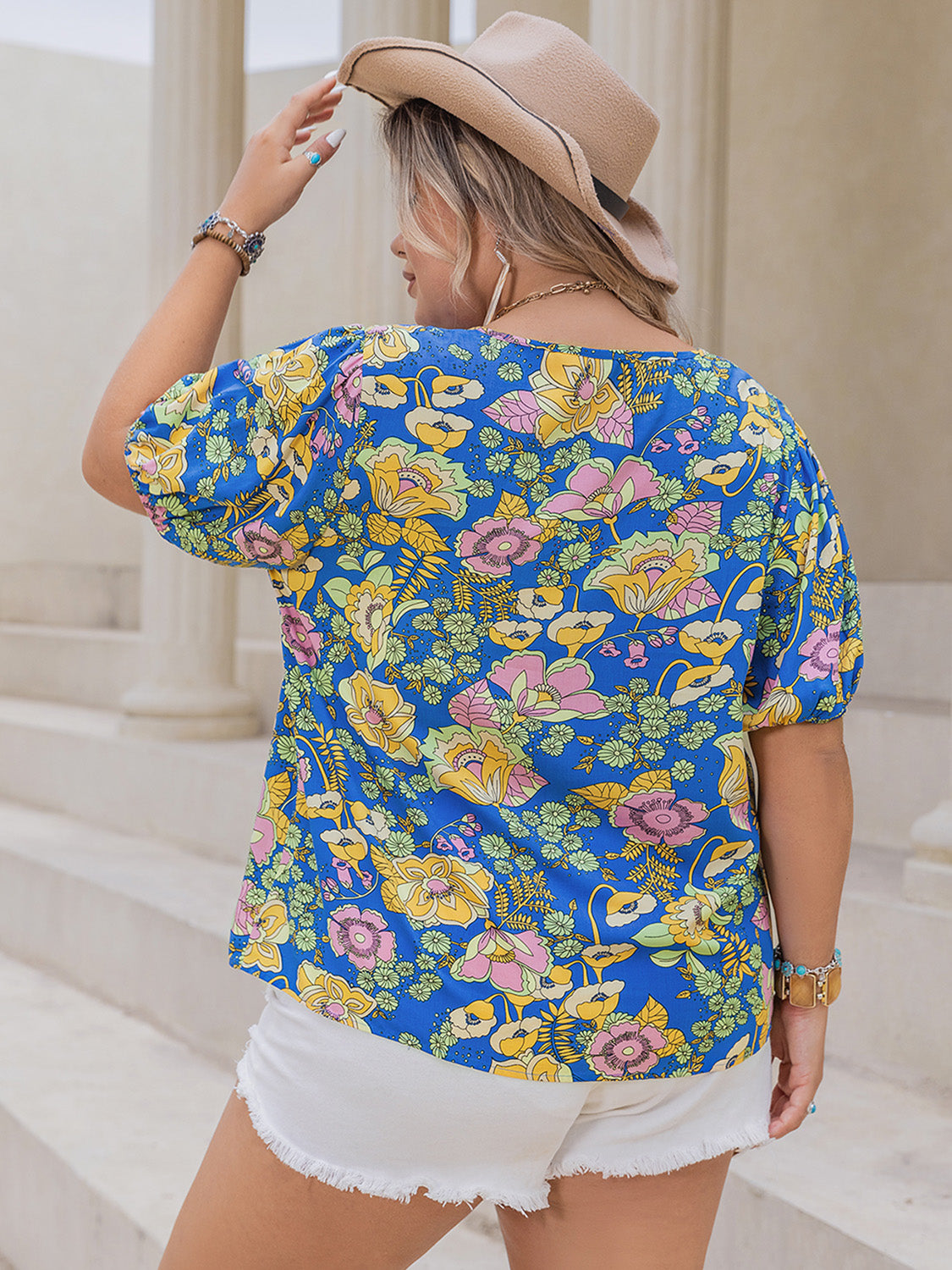 Plus Size Printed Notched Short Sleeve Blouse - UrbanEthereal