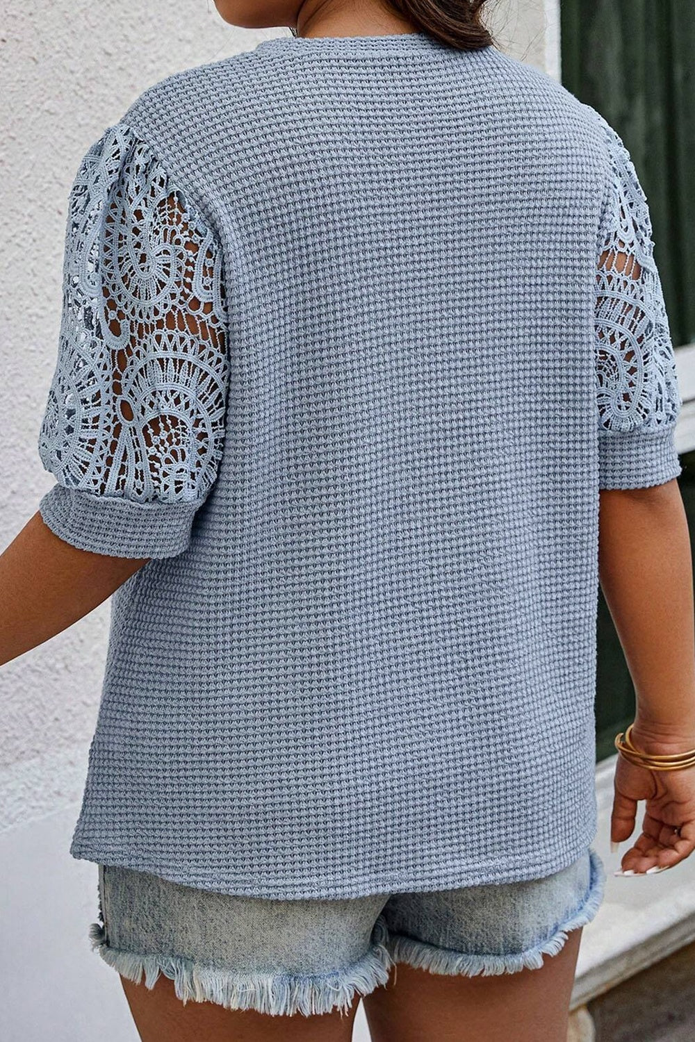 Plus Size Openwork Round Neck Half Sleeve Blouse - UrbanEthereal