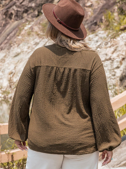 Plus Size Tie Neck Long Sleeve Blouse - UrbanEthereal
